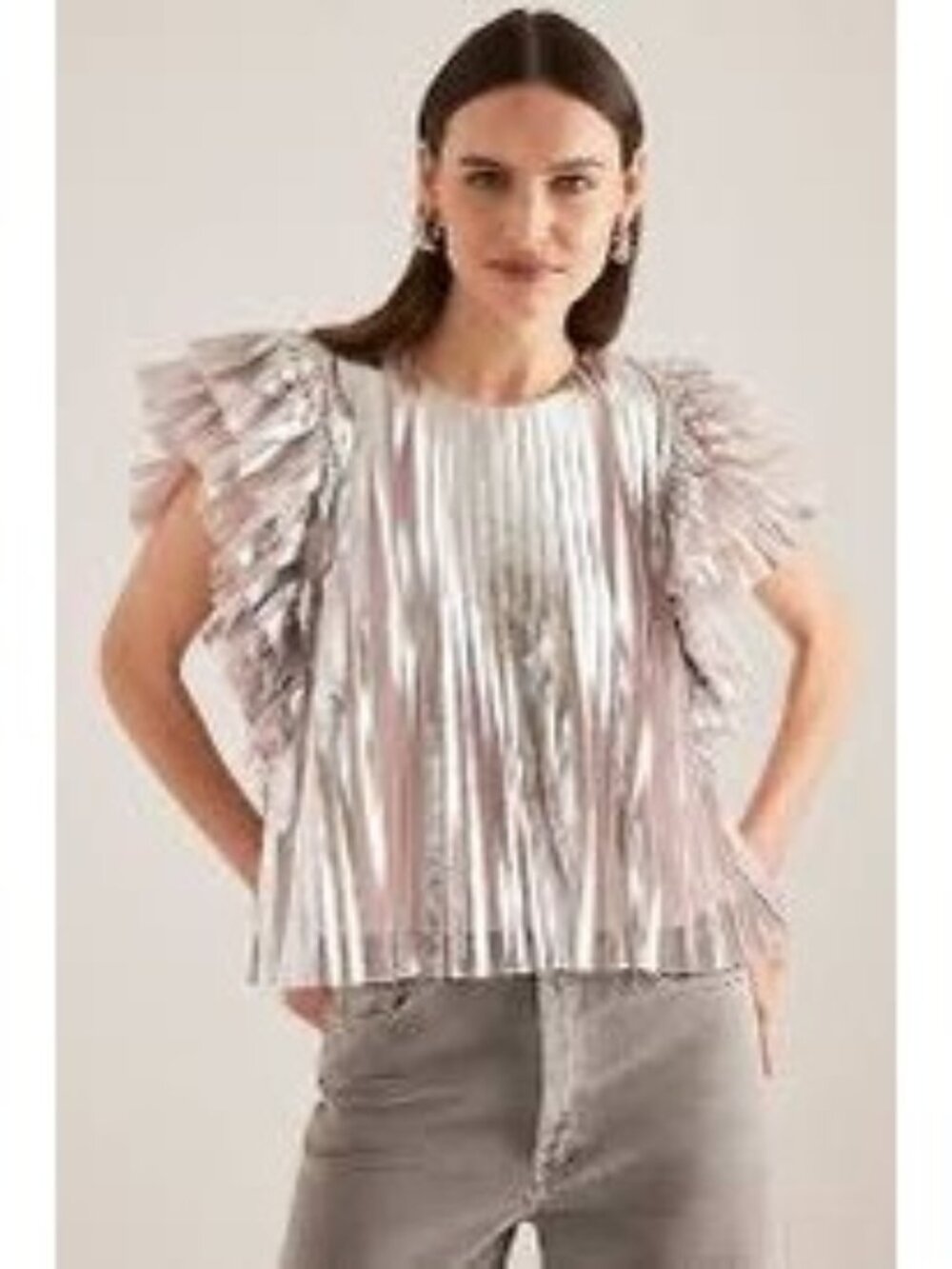 Anthropologie Flutter Sleeve Foil Pleated Top Pink Silver Metallic Size Small M